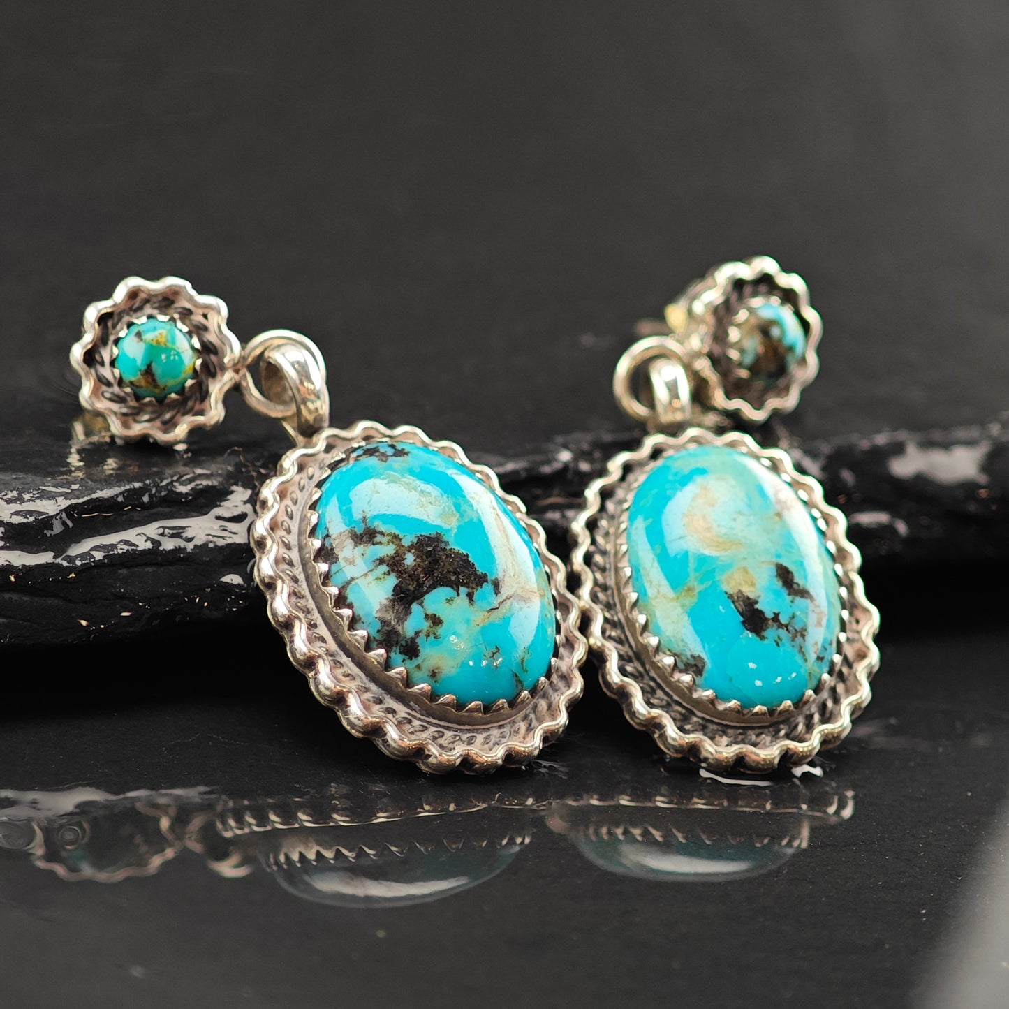 Vintage Oval Turquoise Sterling Silver Stud/Dangle Earrings ER3039