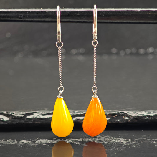 Vintage Mismatched Butterscotch Amber Teardrop Sterling Silver Lever Back Earrings ER3045