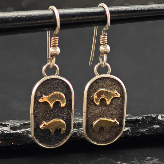 Vintage Native American Sandcast 14K Gold Bear Sterling Silver Hook/Dangle Earrings ER3048