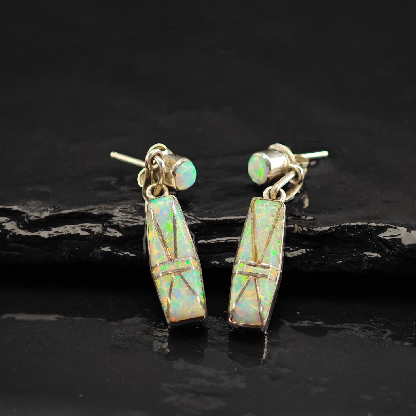 Vintage Zuni Lab Opal Inlay Sterling Silver Stud/Dangle Earrings ER3049