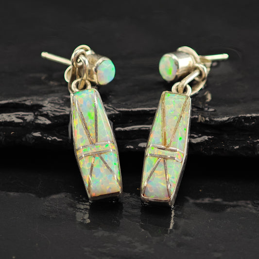 Vintage Zuni Lab Opal Inlay Sterling Silver Stud/Dangle Earrings ER3049