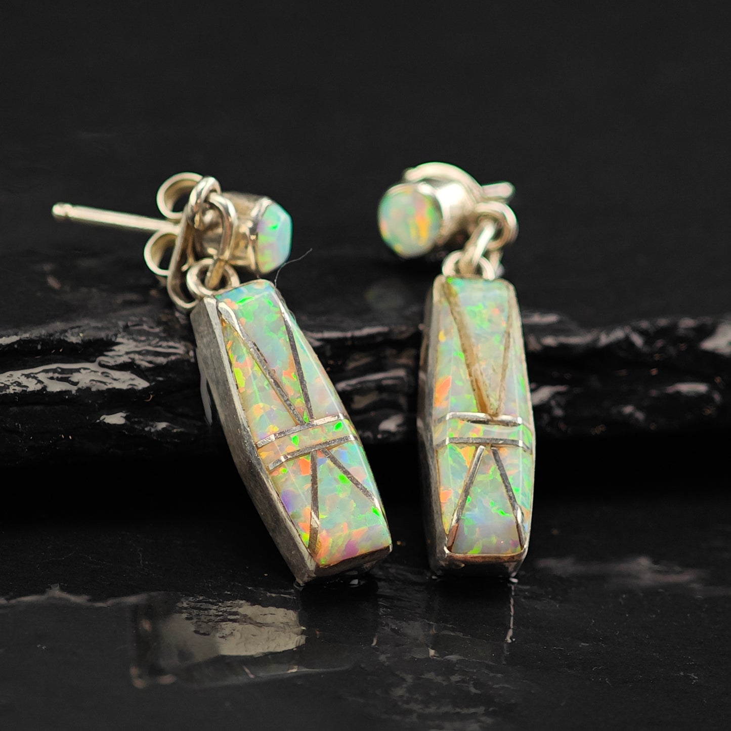 Vintage Zuni Lab Opal Inlay Sterling Silver Stud/Dangle Earrings ER3049