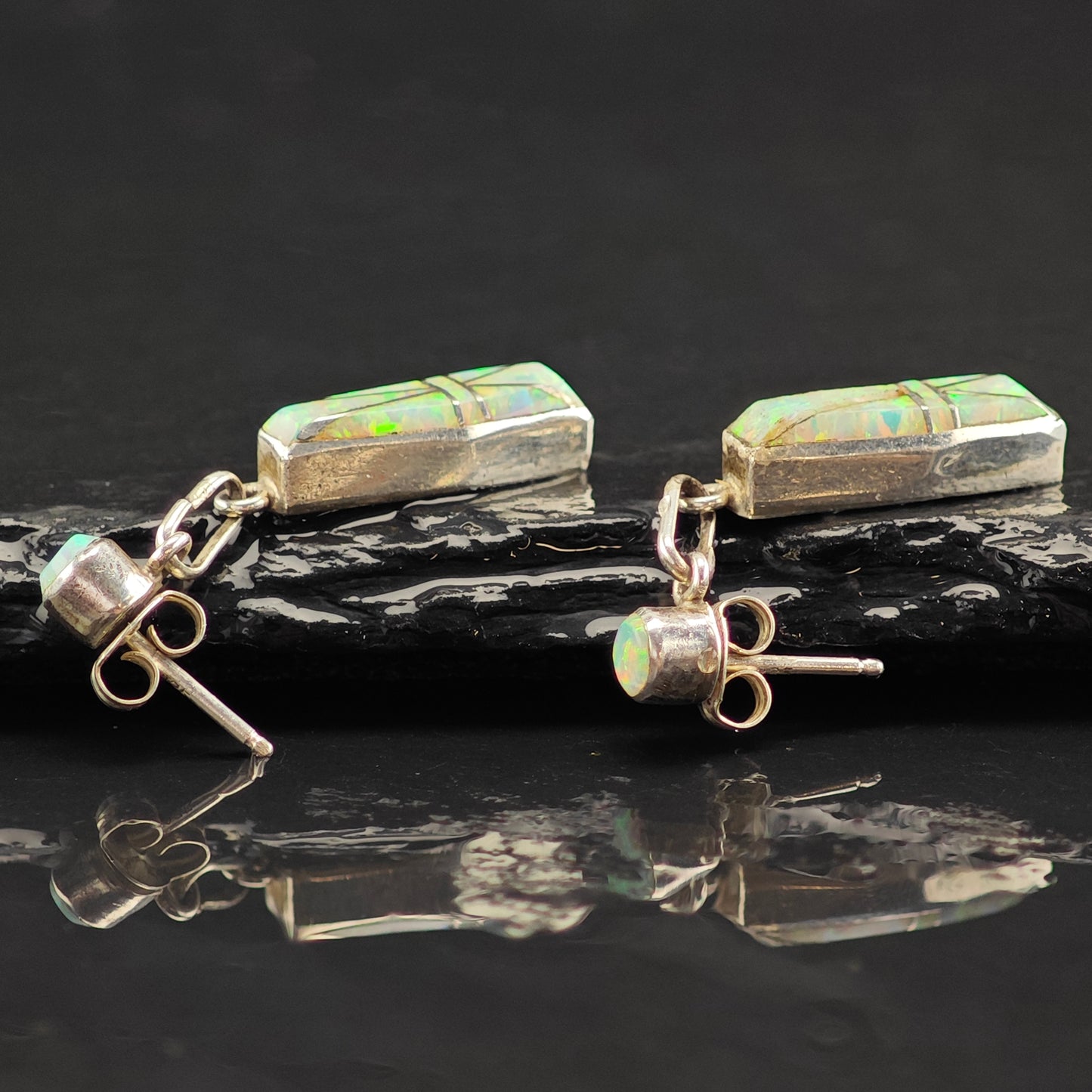 Vintage Zuni Lab Opal Inlay Sterling Silver Stud/Dangle Earrings ER3049