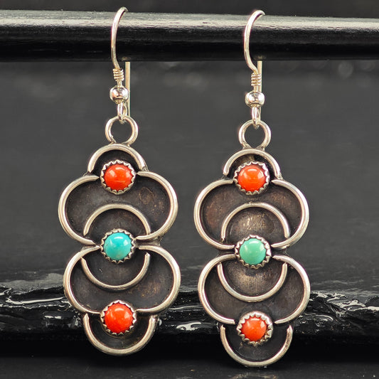 Vintage Navajo Turquoise & Coral Sterling Silver Hook/Dangle Earrings ER3050