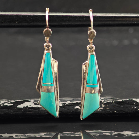 Vintage Navajo Turquoise Inlay Sterling Silver Lever Back Earrings ER3051