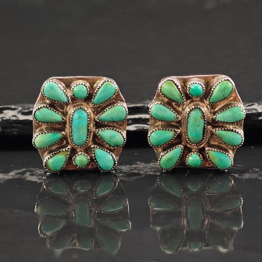 Vintage Native American Turquoise Cluster Copper Backings Sterling Silver Screw Back Earrings ER3054