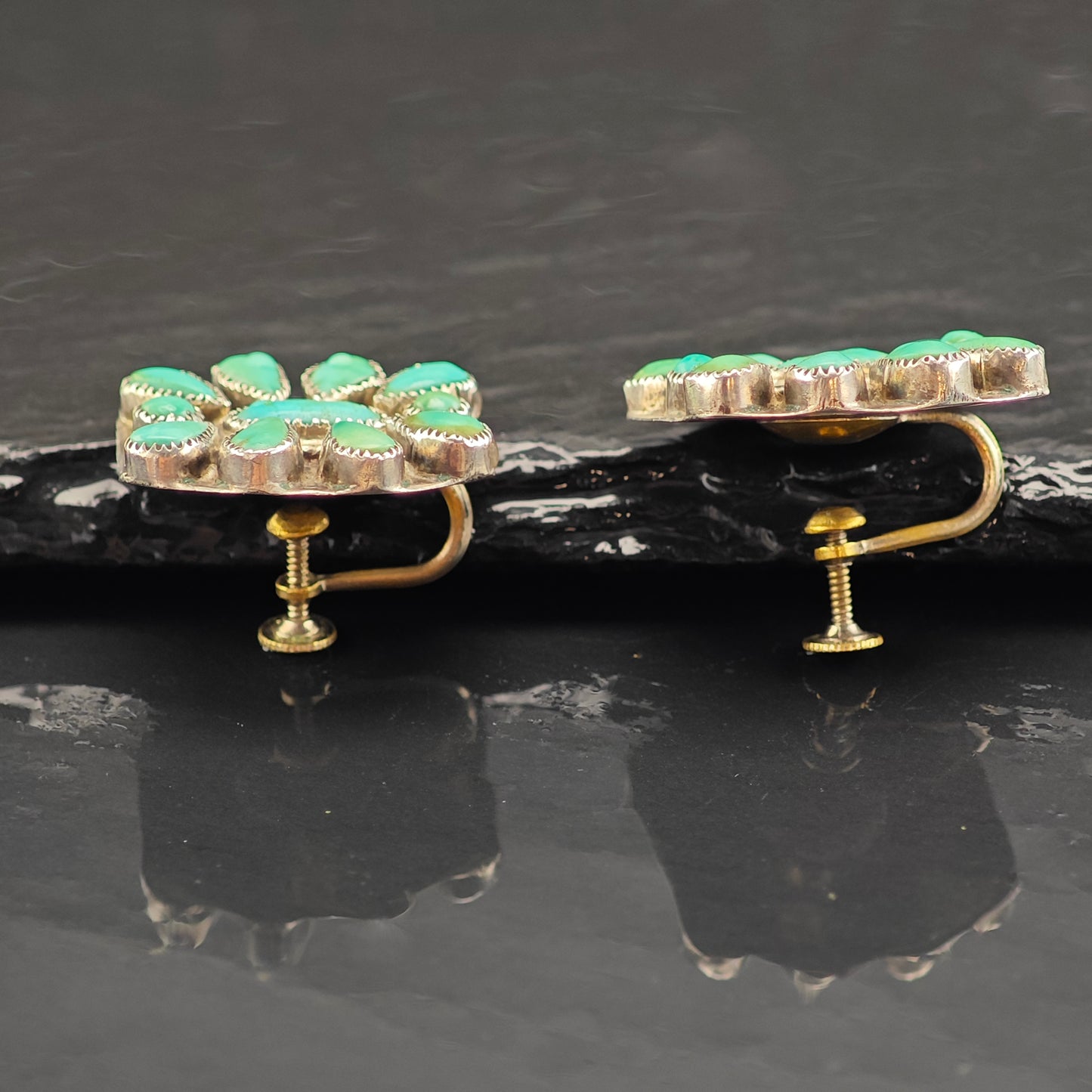 Vintage Native American Turquoise Cluster Copper Backings Sterling Silver Screw Back Earrings ER3054