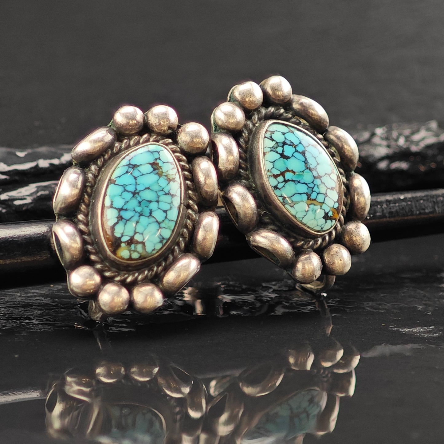 Vintage Native American High Grade Spiderweb Turquoise Sterling Silver Screw Back Earrings ER3055