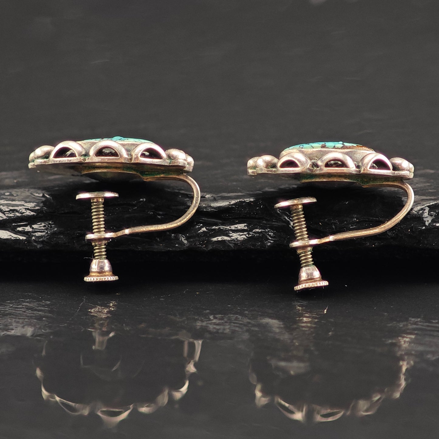 Vintage Native American High Grade Spiderweb Turquoise Sterling Silver Screw Back Earrings ER3055
