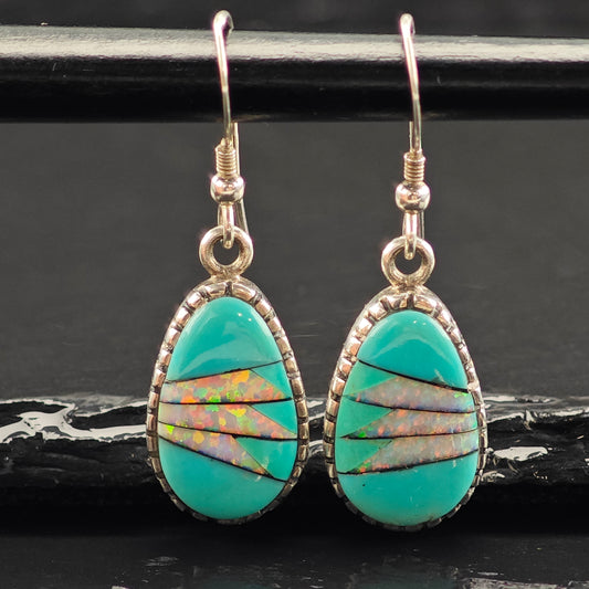 Vintage Sw Turquoise & Opal Inlay Sterling Silver Hook/Dangle Earrings ER3057