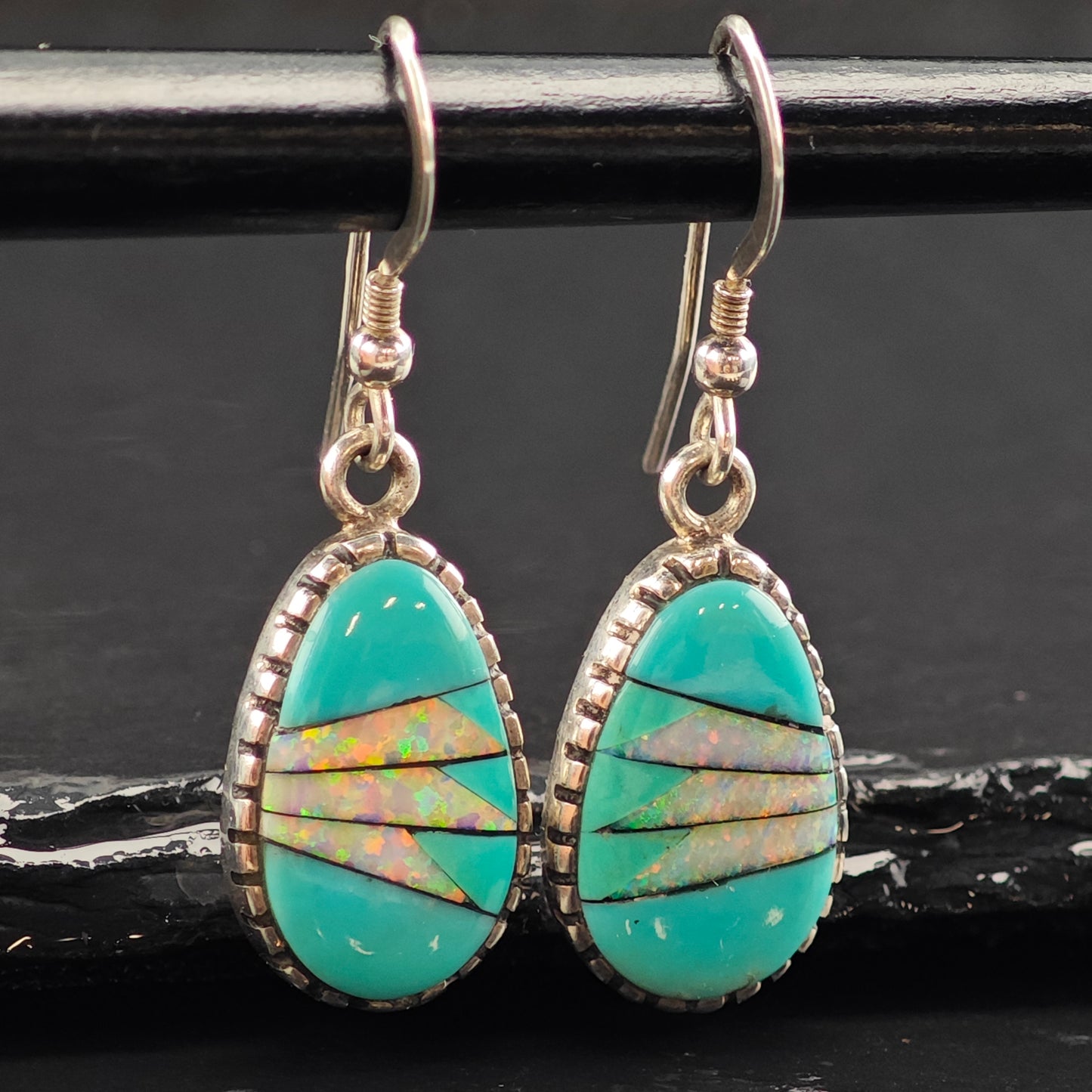 Vintage Sw Turquoise & Opal Inlay Sterling Silver Hook/Dangle Earrings ER3057
