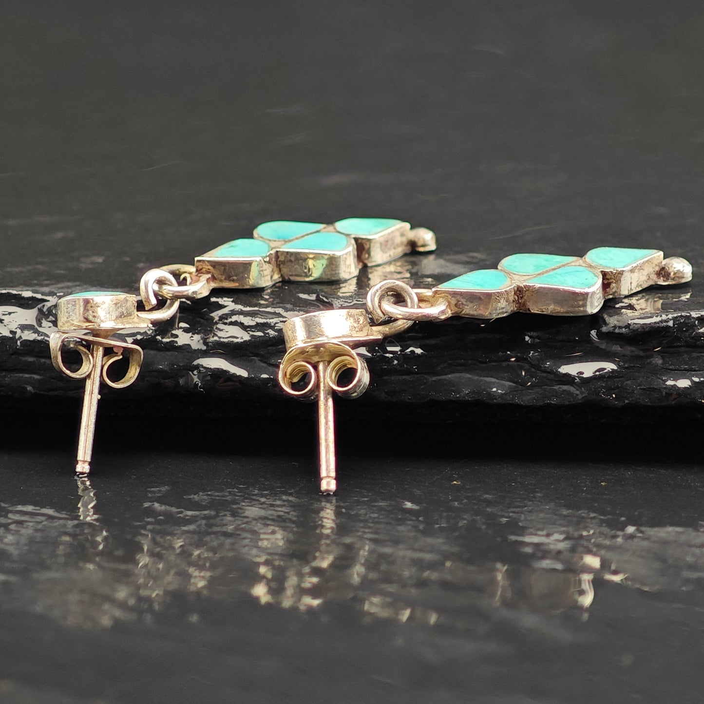 Vintage Native American Turquoise Inlay Sterling Silver Stud/Dangle Earrings ER3058