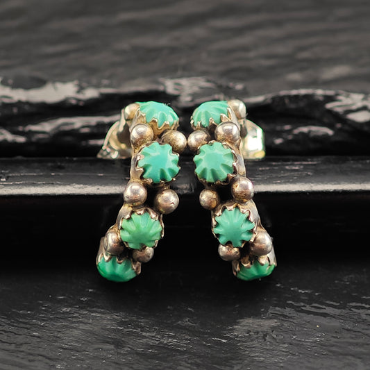Vintage Carved Turquoise Sterling Silver Stud/Half Hoop Earrings ER3060