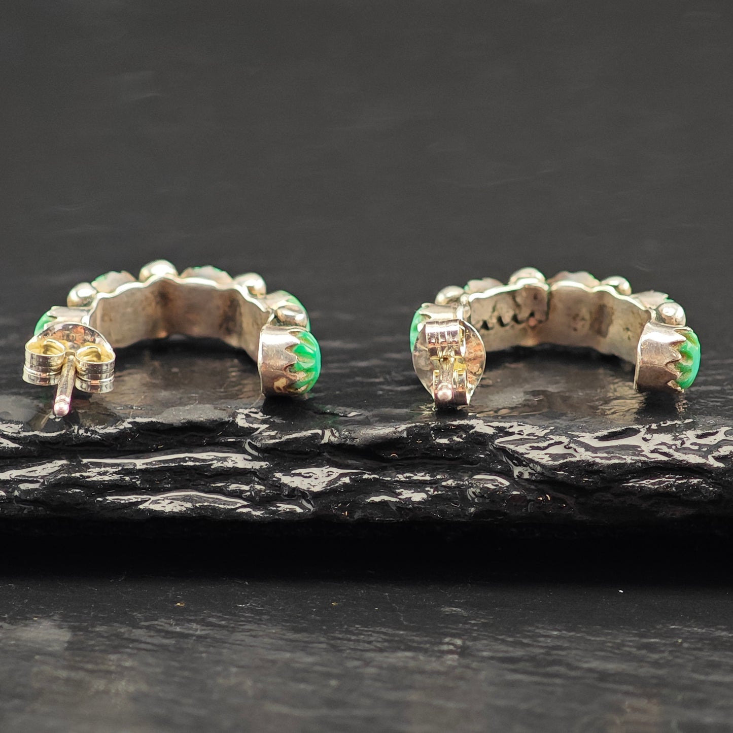 Vintage Carved Turquoise Sterling Silver Stud/Half Hoop Earrings ER3060
