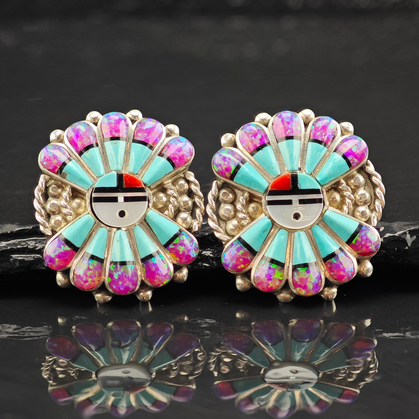 Vintage Zuni Sunface Multistone Sterling Silver Stud Earrings ER3061