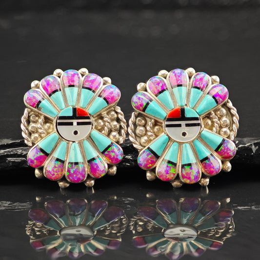 Vintage Zuni Sunface Multistone Sterling Silver Stud Earrings ER3061