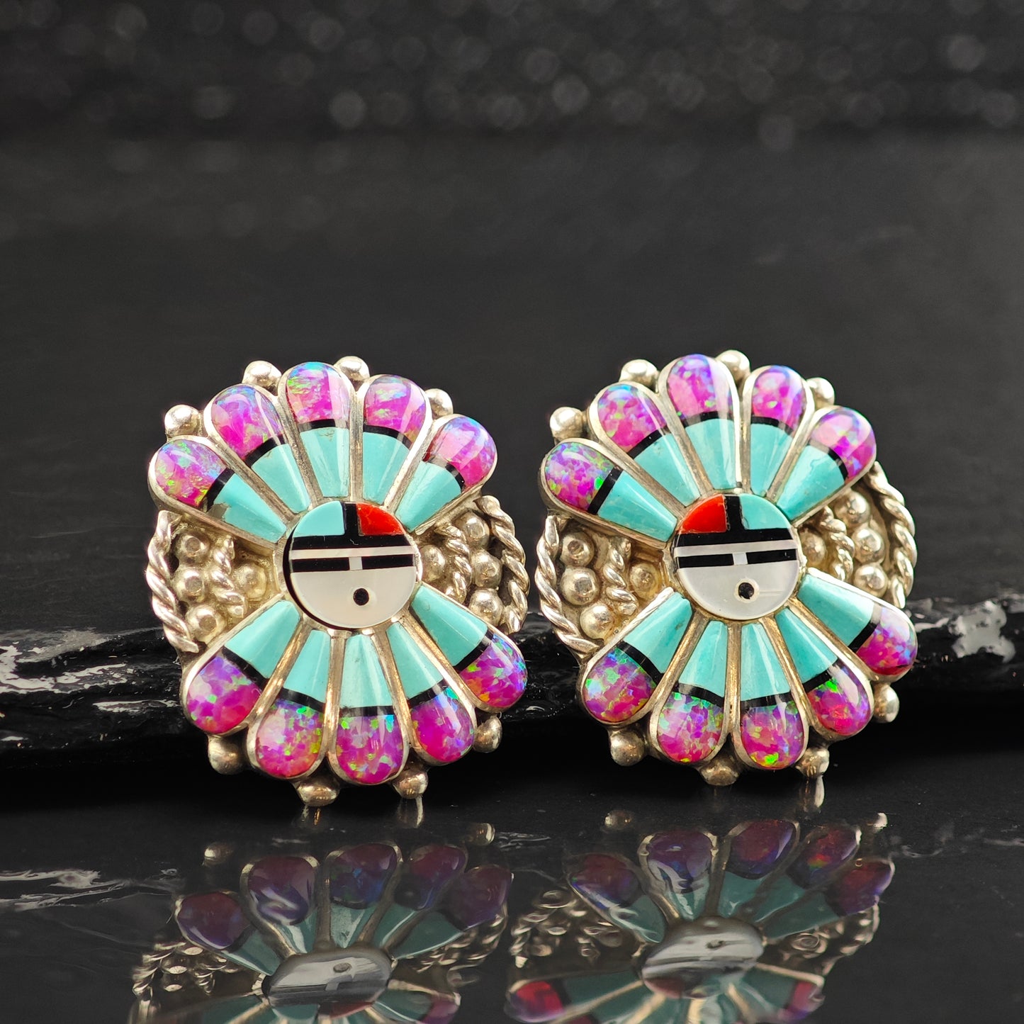 Vintage Zuni Sunface Multistone Sterling Silver Stud Earrings ER3061
