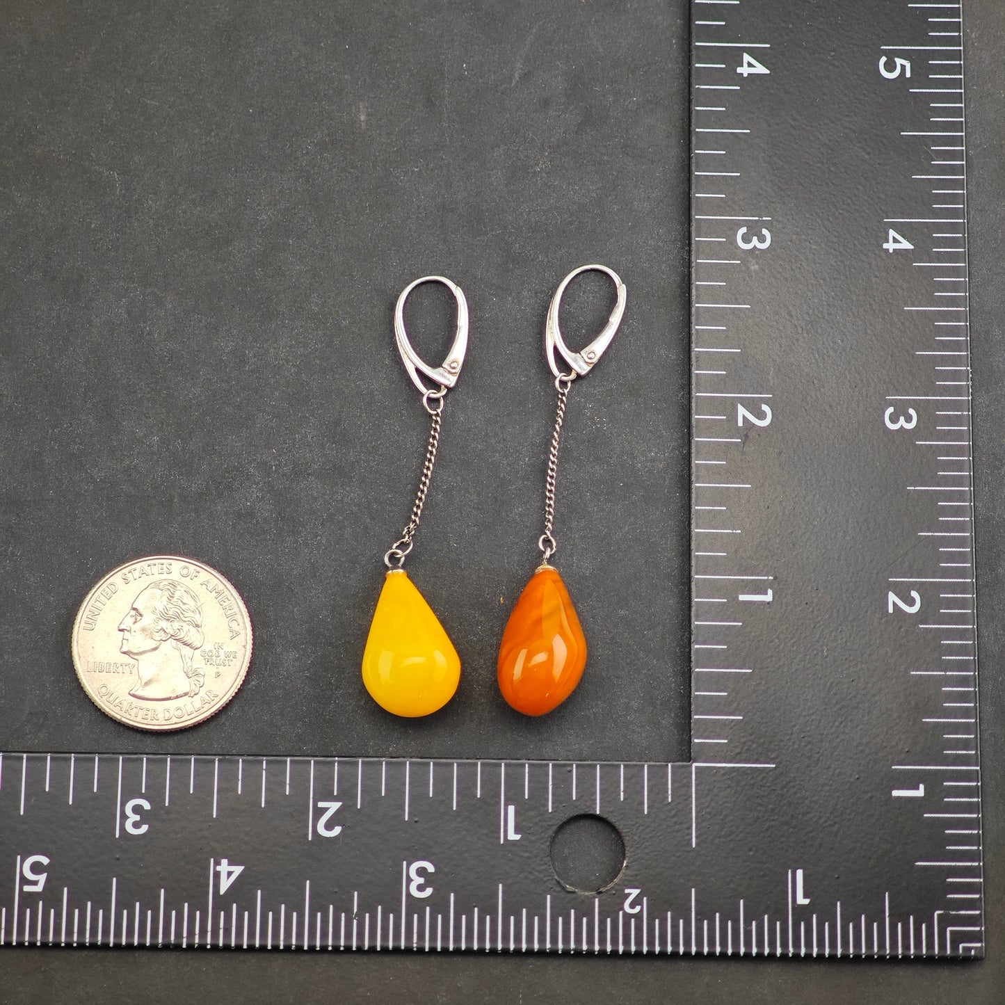 Vintage Mismatched Butterscotch Amber Teardrop Sterling Silver Lever Back Earrings ER3045