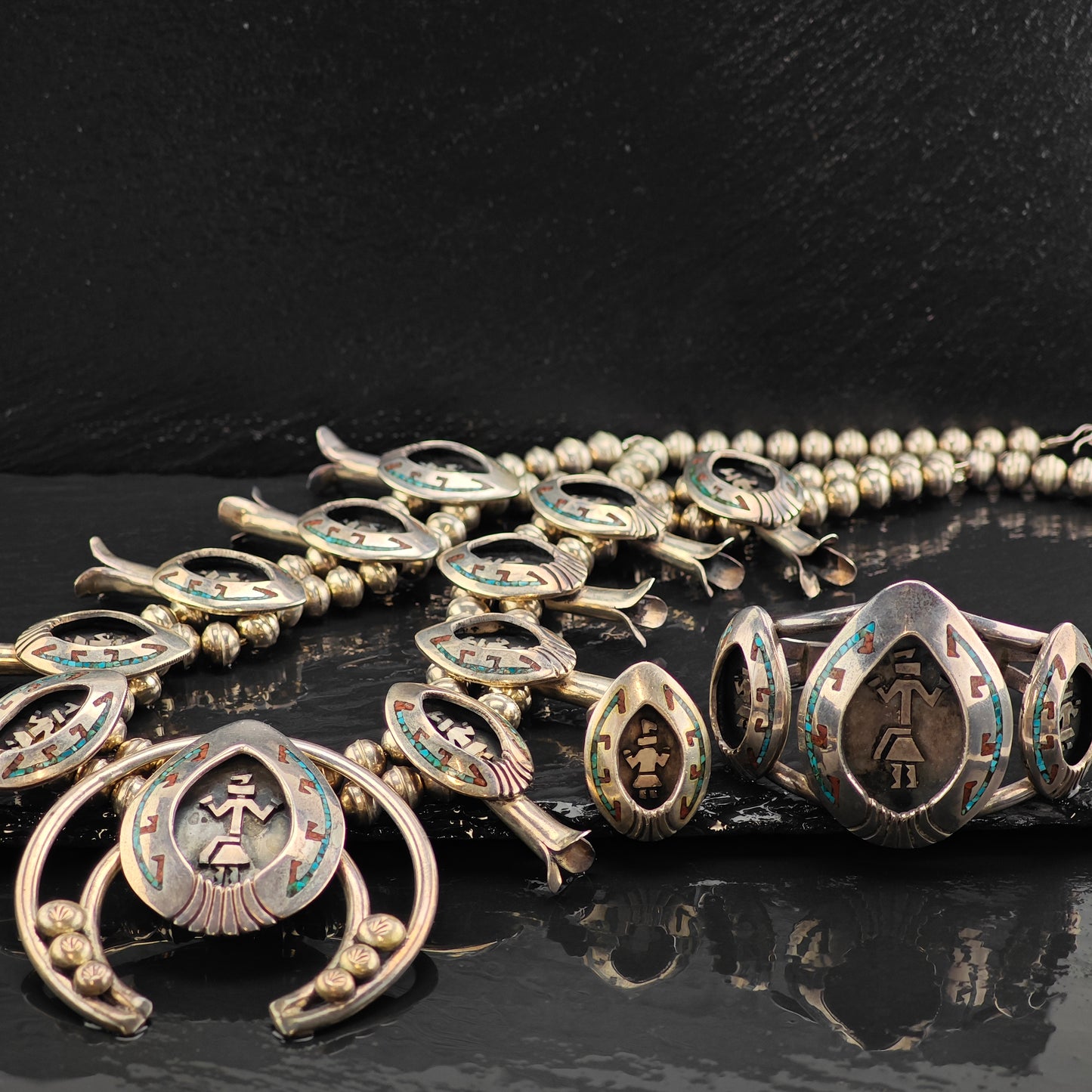Vintage Navajo Inlay Squash Blossom Cuff Ring Set MISC0367