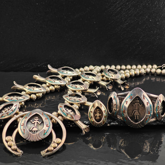 Vintage Navajo Inlay Squash Blossom Cuff Ring Set MISC0367