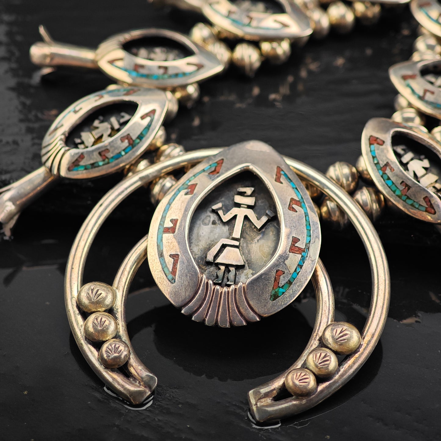 Vintage Navajo Inlay Squash Blossom Cuff Ring Set MISC0367