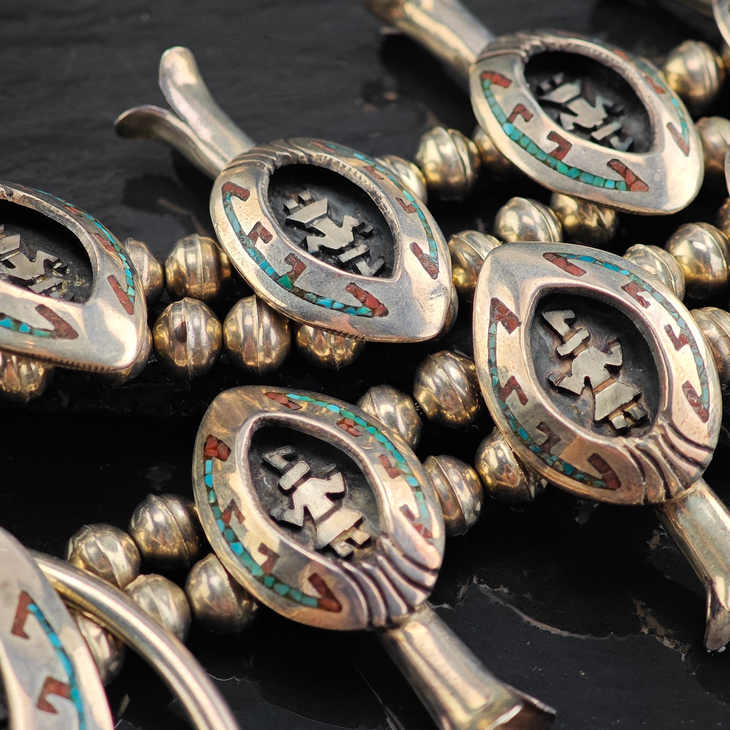 Vintage Navajo Inlay Squash Blossom Cuff Ring Set MISC0367