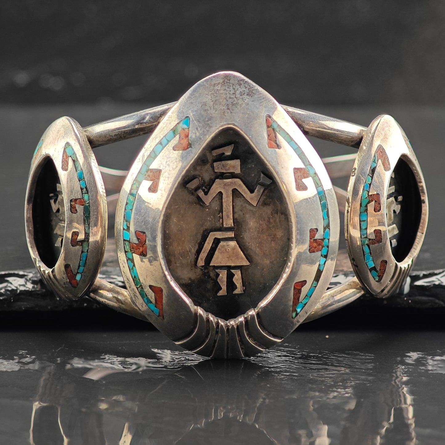 Vintage Navajo Inlay Squash Blossom Cuff Ring Set MISC0367