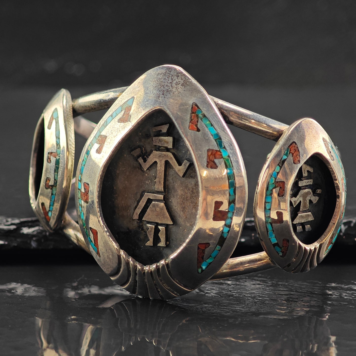 Vintage Navajo Inlay Squash Blossom Cuff Ring Set MISC0367