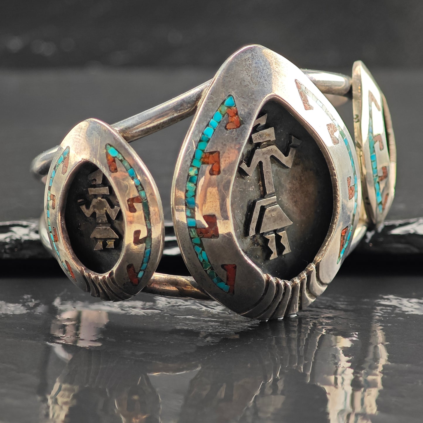 Vintage Navajo Inlay Squash Blossom Cuff Ring Set MISC0367