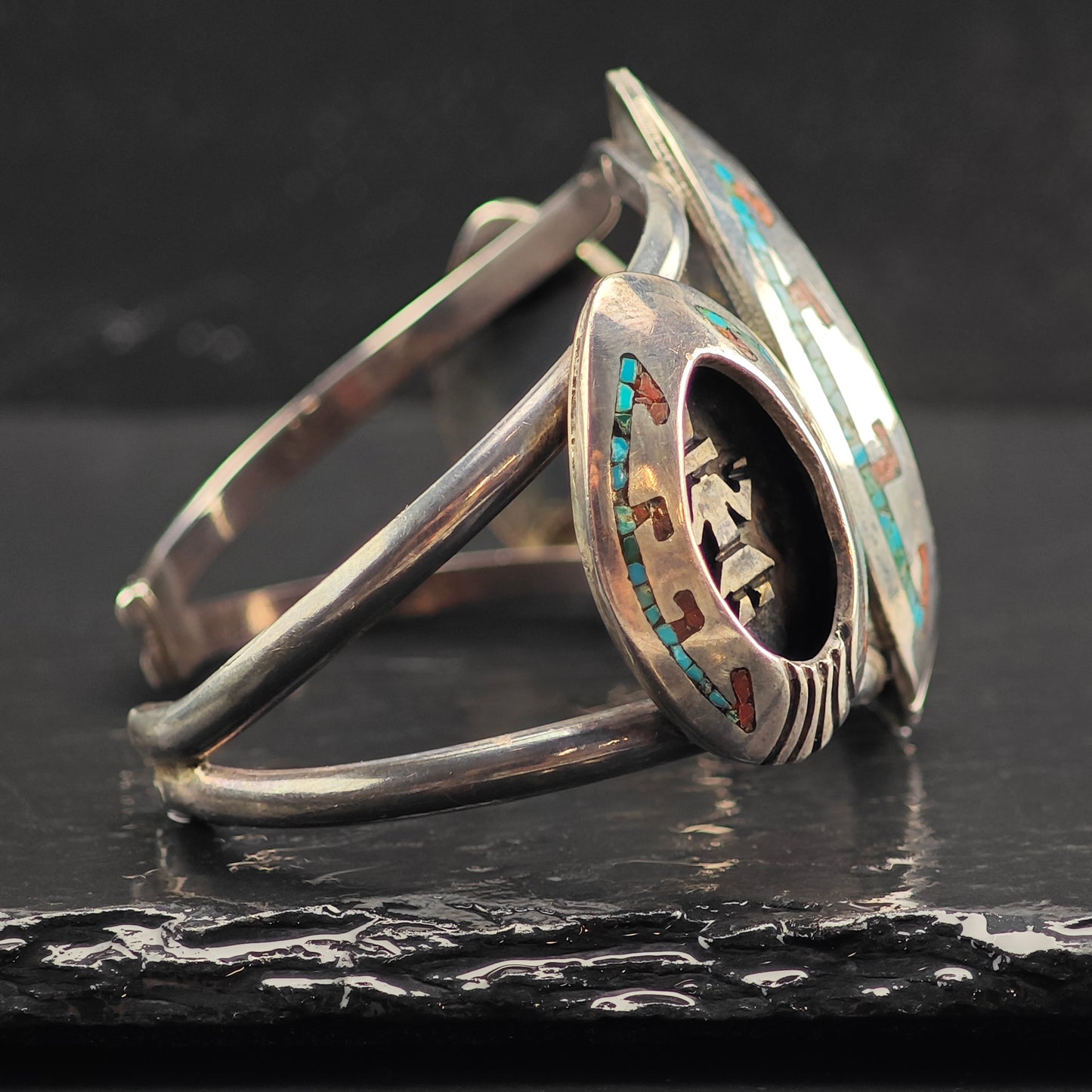 Vintage Navajo Inlay Squash Blossom Cuff Ring Set MISC0367