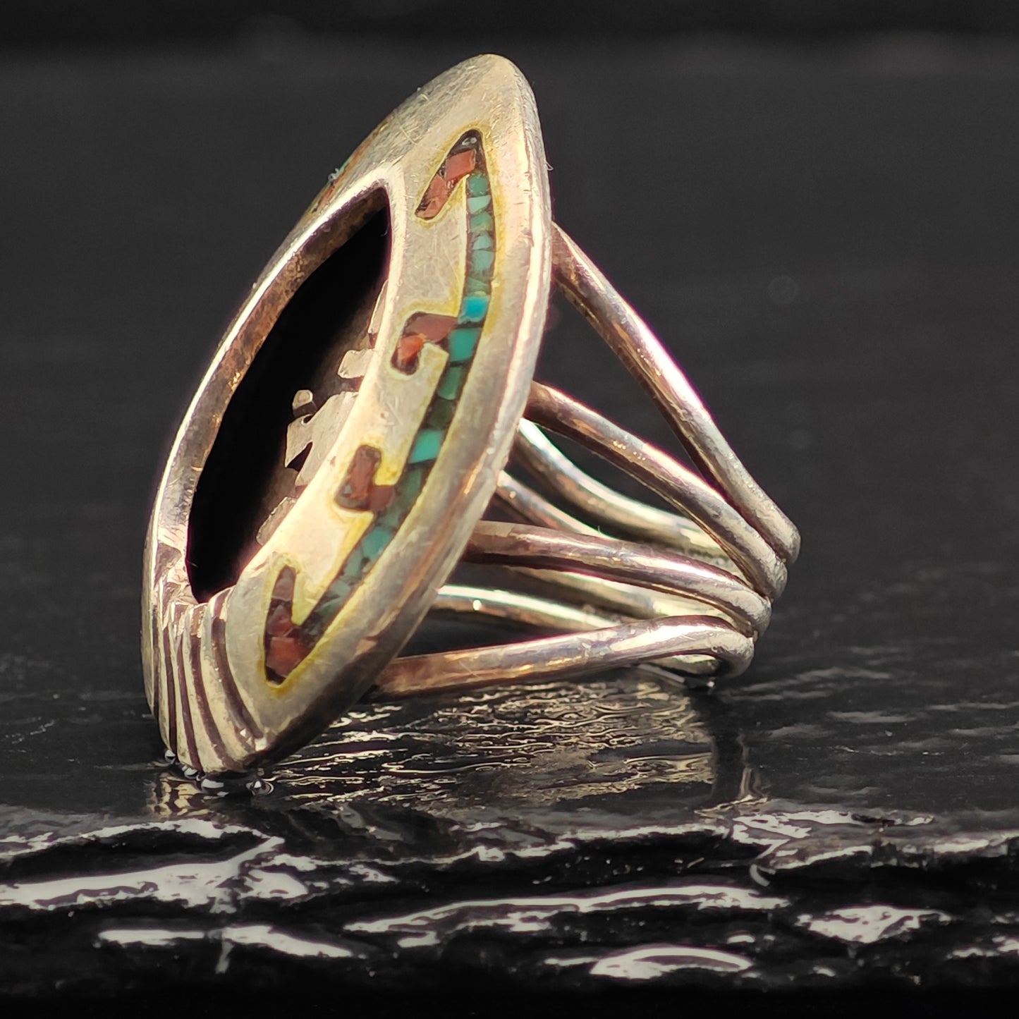 Vintage Navajo Inlay Squash Blossom Cuff Ring Set MISC0367