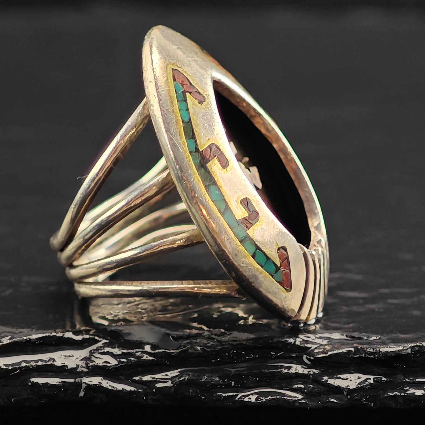 Vintage Navajo Inlay Squash Blossom Cuff Ring Set MISC0367