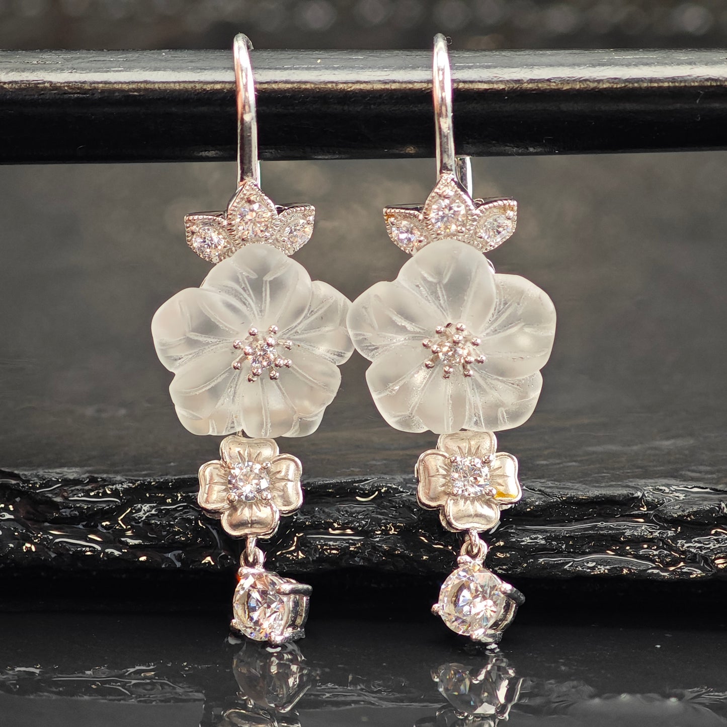 Carved Flower CZ Sterling Silver Leverback/Dangle Earrings ER3018