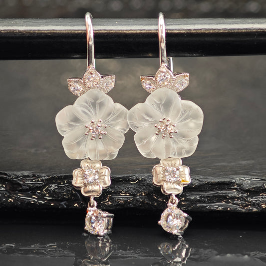 Carved Flower CZ Sterling Silver Leverback/Dangle Earrings ER3018