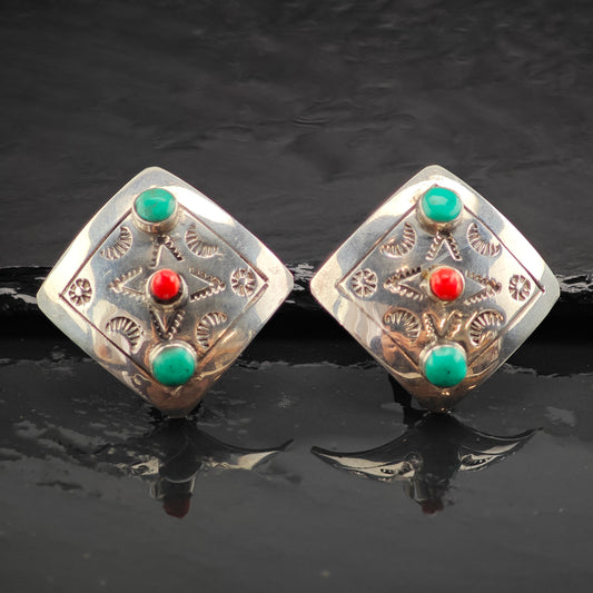 Vintage Block Turquoise & Coral Stamped Shield Sterling Silver Clip On Earrings ER2980