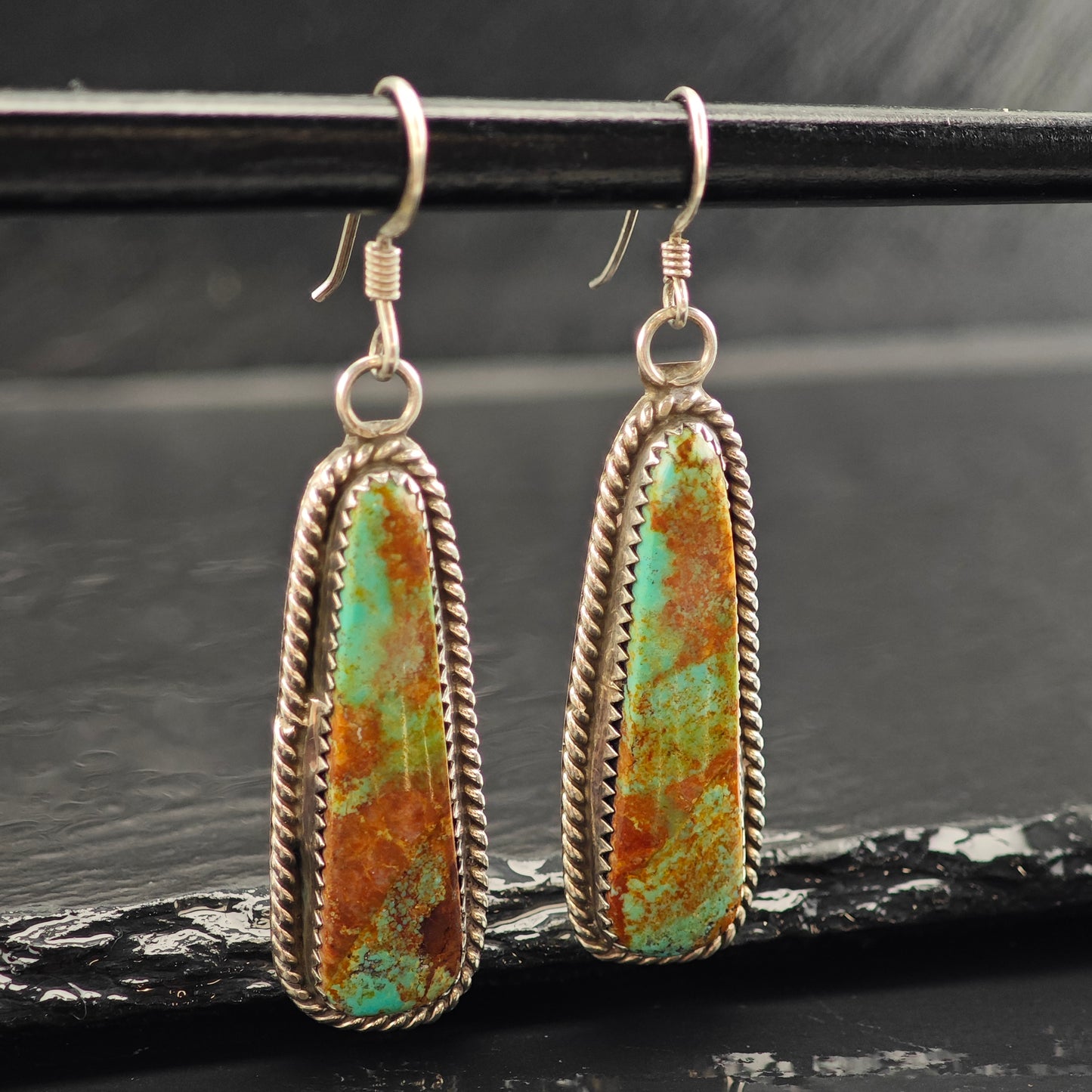 Vintage SW Green Brown Turquoise Sterling Silver Hook/Dangle Earrings ER2981