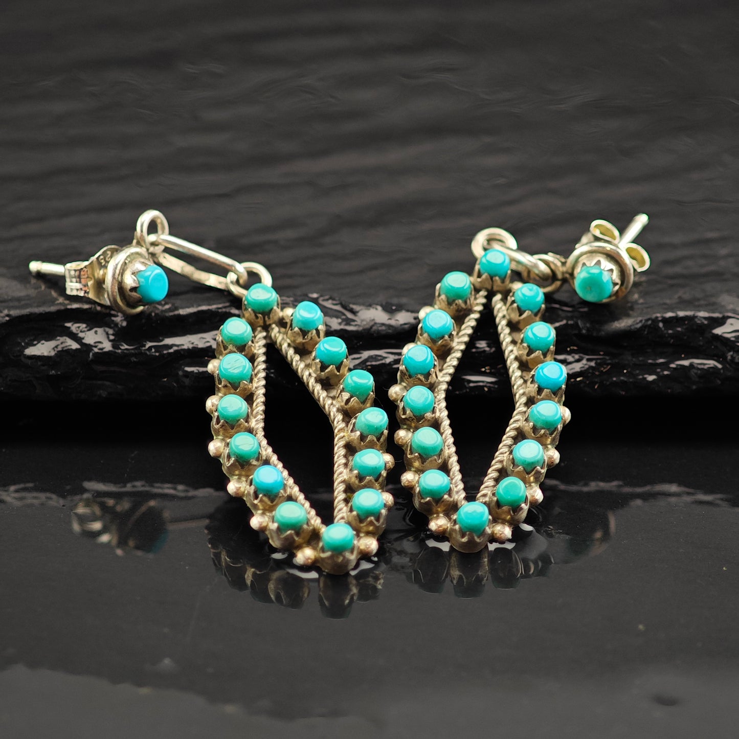 Vintage Zuni Turquoise Cluster Sterling Silver Stud/Dangle Earrings ER2986