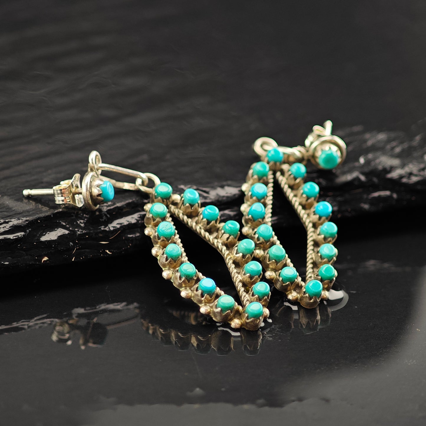 Vintage Zuni Turquoise Cluster Sterling Silver Stud/Dangle Earrings ER2986