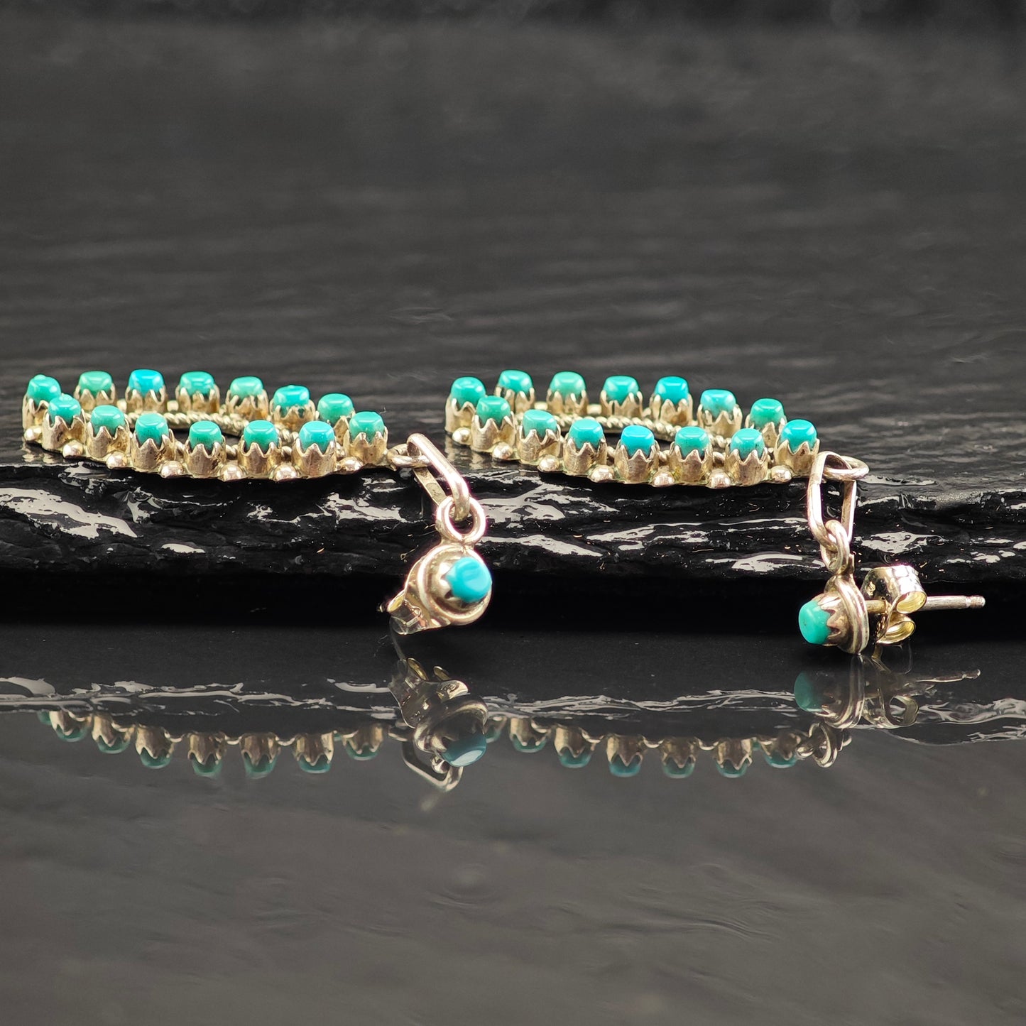 Vintage Zuni Turquoise Cluster Sterling Silver Stud/Dangle Earrings ER2986