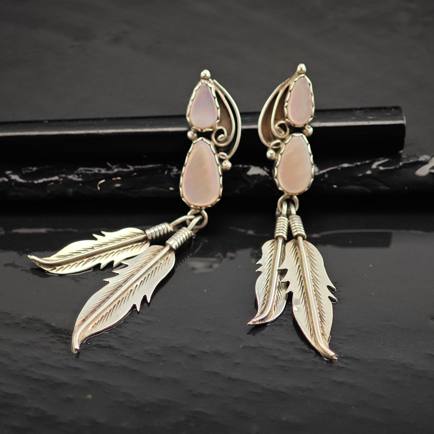 Vintage Native American Pink MOP Floral Sterling Silver Stud/Dangle Earrings ER2988
