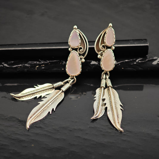 Vintage Native American Pink MOP Floral Sterling Silver Stud/Dangle Earrings ER2988