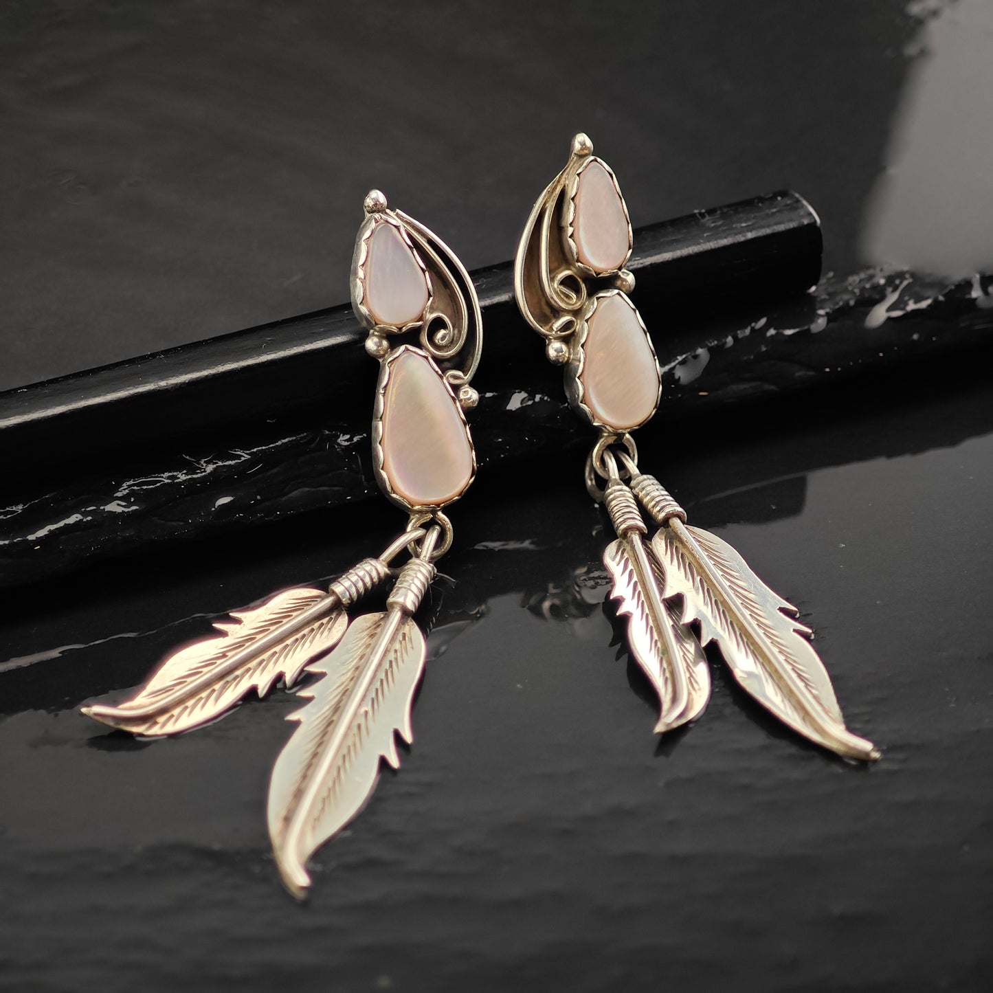 Vintage Native American Pink MOP Floral Sterling Silver Stud/Dangle Earrings ER2988