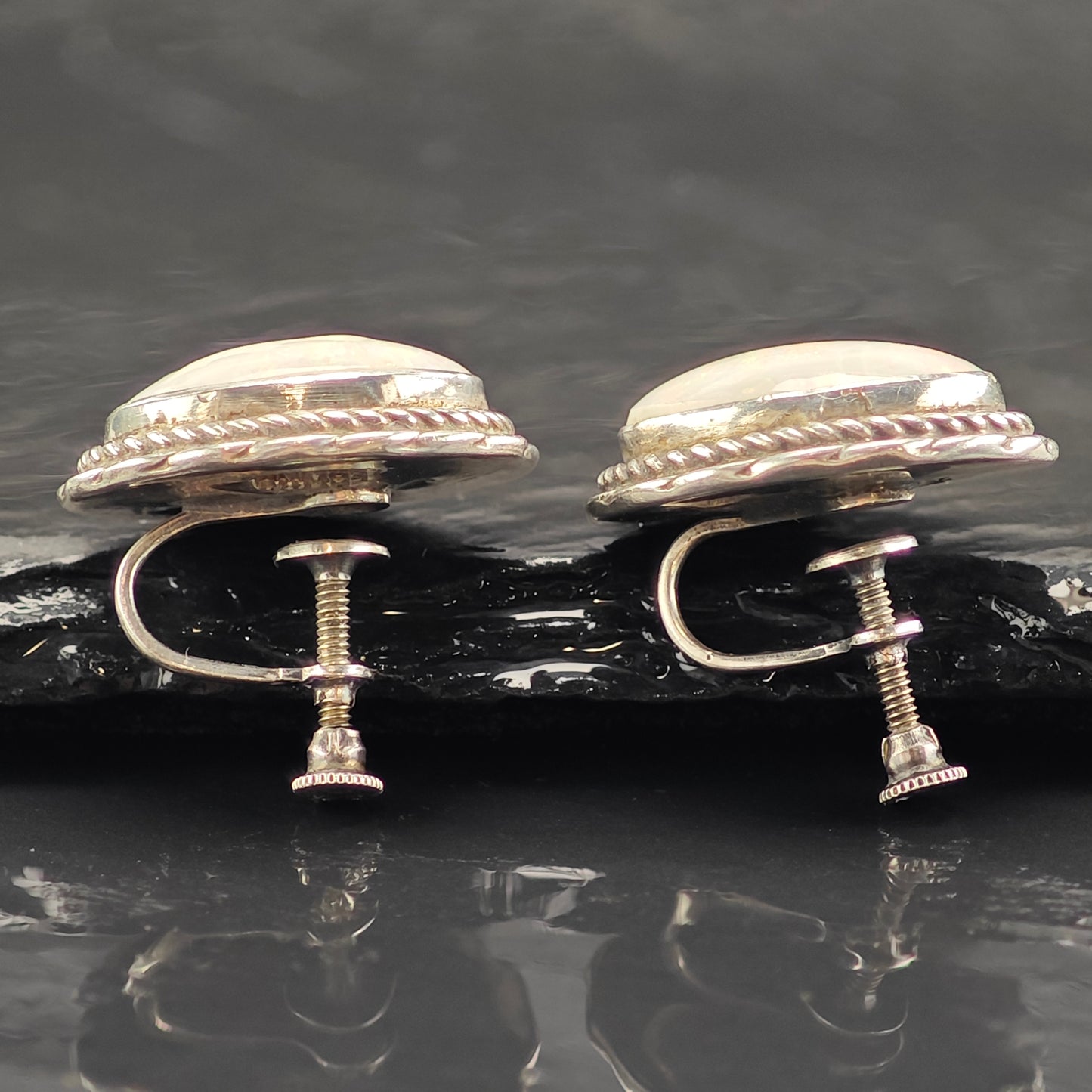 Vintage Native American White Lab Opal Sterling Silver Screwback Earrings ER2991