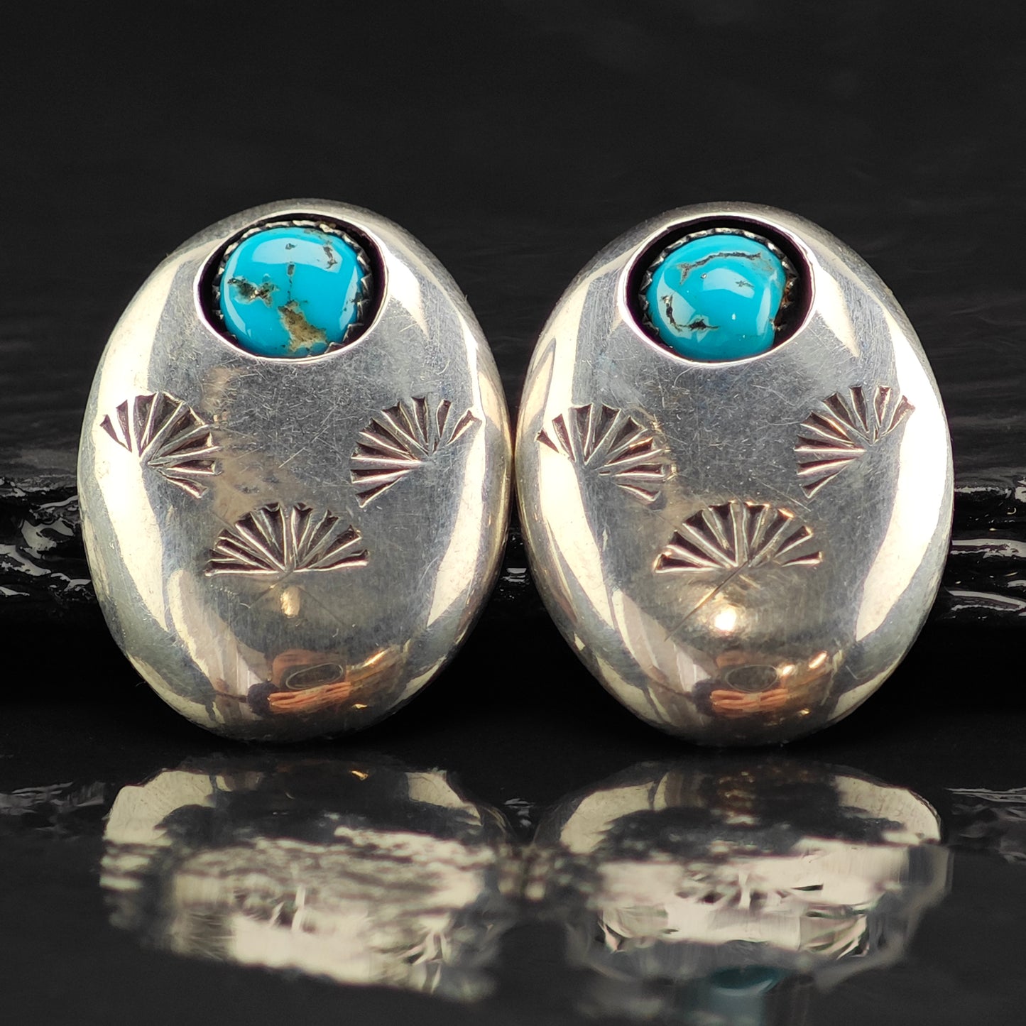 Vintage Native American Turquoise Shadowbox Sterling Silver Stud Earrings ER2993