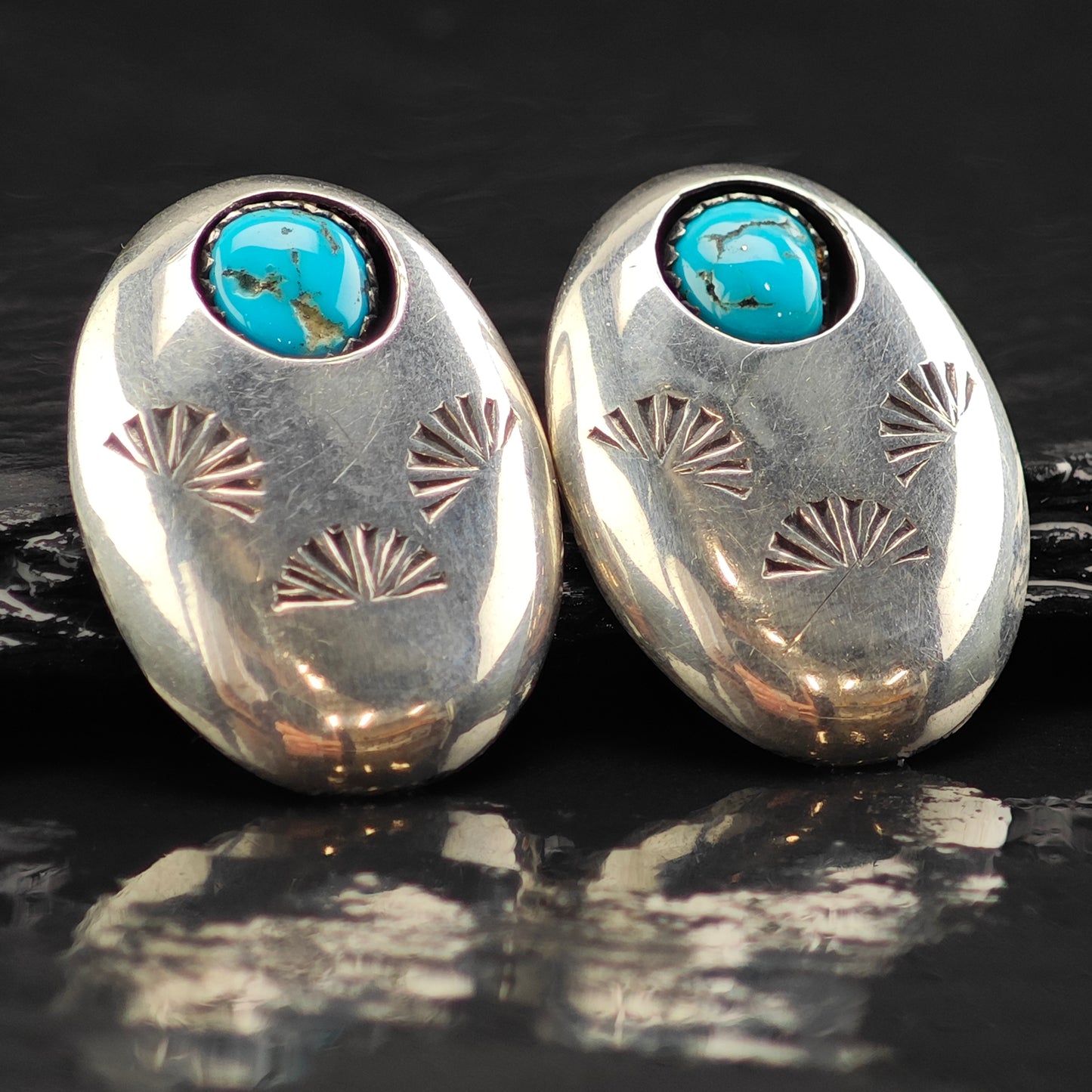 Vintage Native American Turquoise Shadowbox Sterling Silver Stud Earrings ER2993