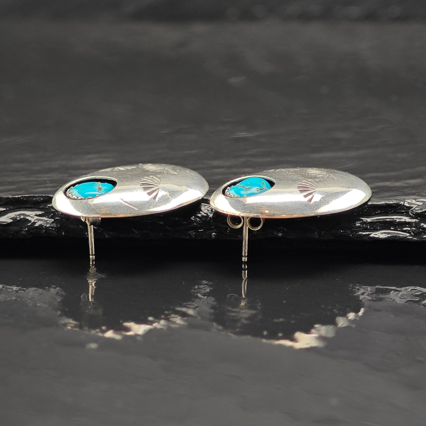Vintage Native American Turquoise Shadowbox Sterling Silver Stud Earrings ER2993