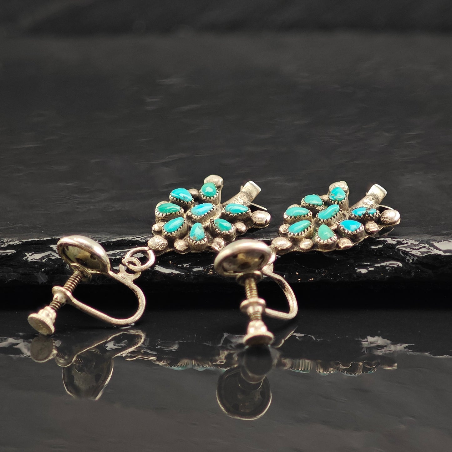 Choice of Vintage Zuni Turquoise Cluster Sterling Silver Screw Back /Dangle Earrings ER2994