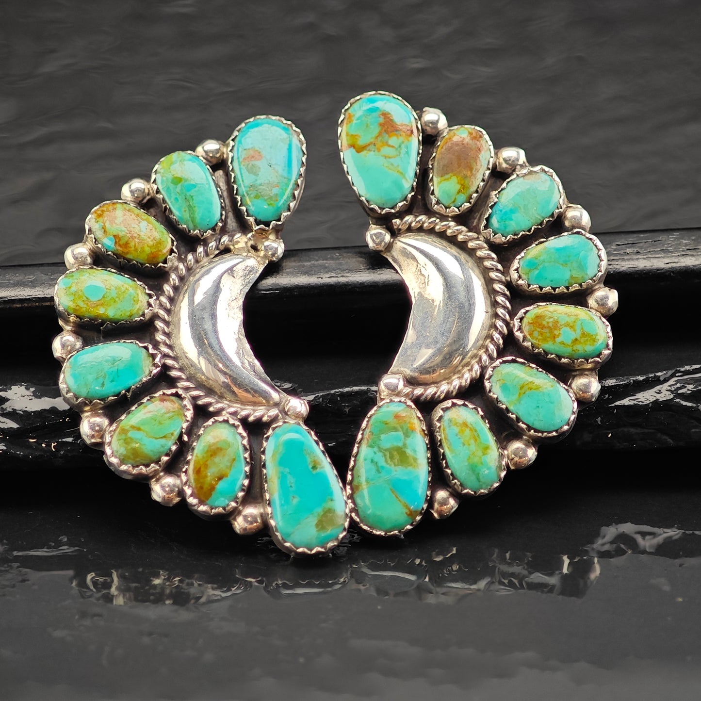 Vintage SW Turquoise Crescent Cluster Sterling Silver Stud Earrings ER2995