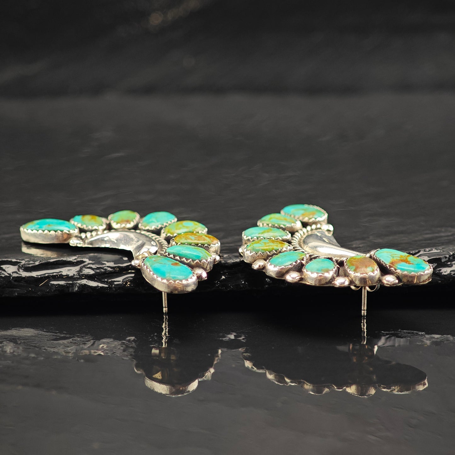 Vintage SW Turquoise Crescent Cluster Sterling Silver Stud Earrings ER2995