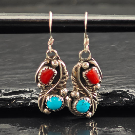 Vintage Native American Turquoise & Coral Floral Sterling Silver Hook/Dangle Earrings ER2996